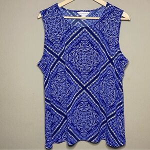 Liz Claiborne Shell Blouse Women XL Blue White Floral Tile Sleeveless Casual